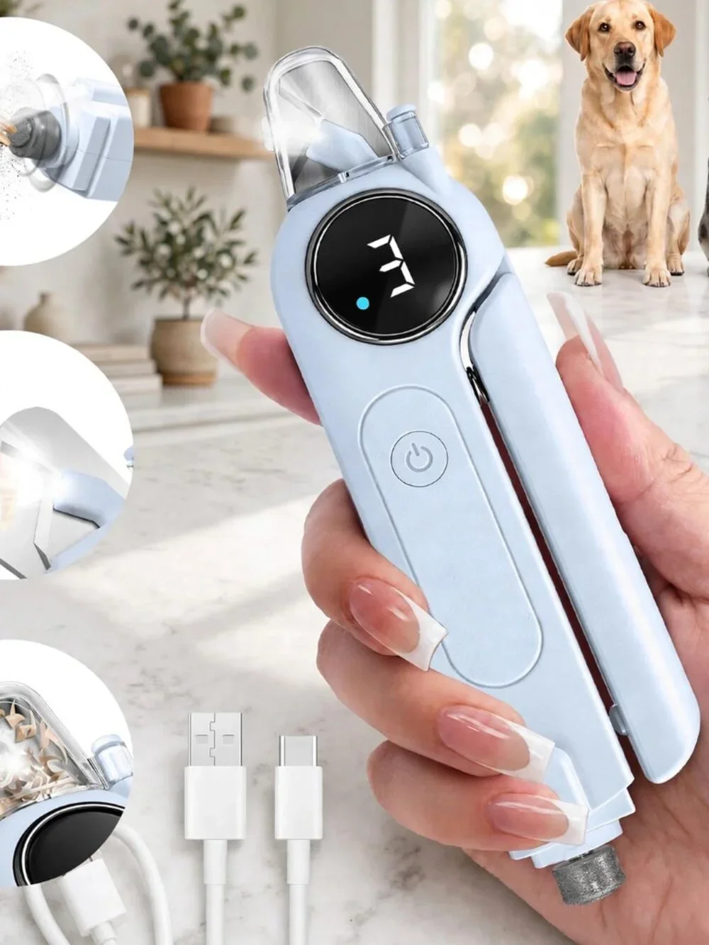 2-in-1 Quiet Electric Pet Nail Clipper Grinder with Light for Dogs Cats - Blue